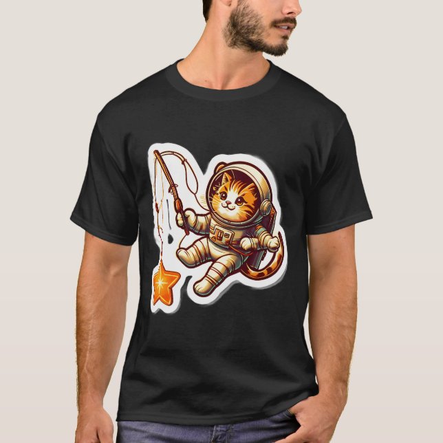 Retro Astronaut Katt Fiskar Efter Stjärnor T Shirt (Framsida)