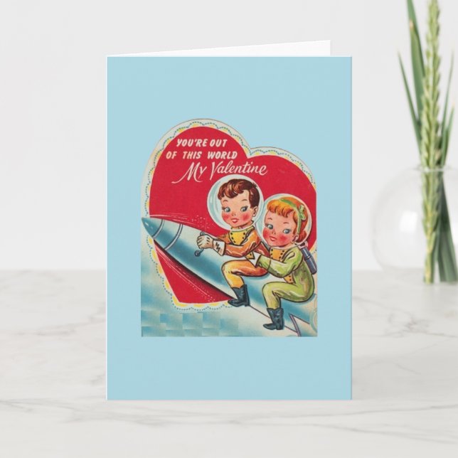 Retro Astronaut Rocket Valentine Day Card Helgkort (Framsida)