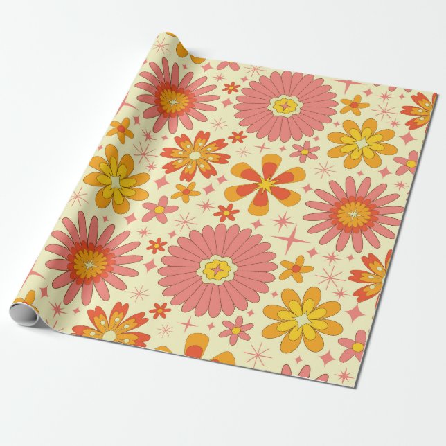 Retro atomära blommor med stjärnexplosioner på krä presentpapper (Utrullad)