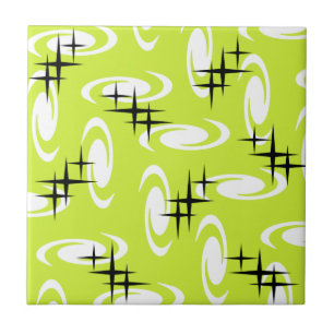 Retro Atomic Age Swirls Stars Mönster Chartreuse Kakelplatta