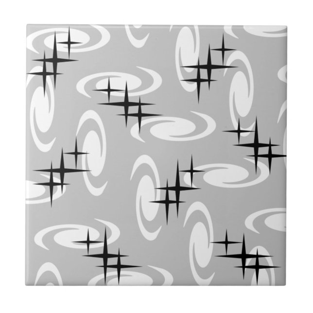 Retro Atomic Age Swirls Stars Mönster Light Grått Kakelplatta (Framsidan)