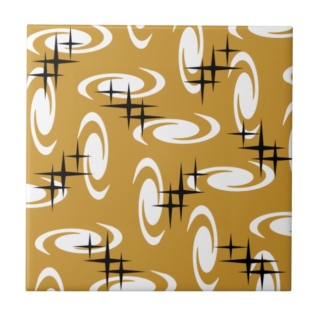 Retro Atomic Age Swirls Stars Mönster Ochre Kakelplatta (Framsidan)