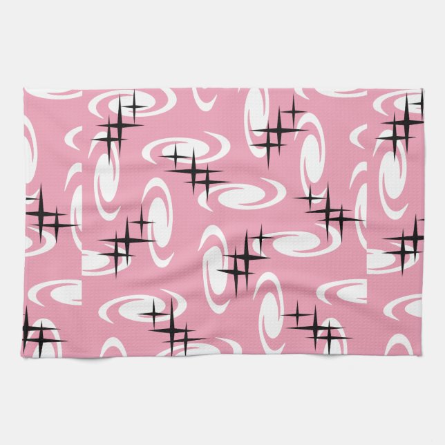 Retro Atomic Age Swirls Stars Mönster Rosa Kökshandduk (Horisontell)
