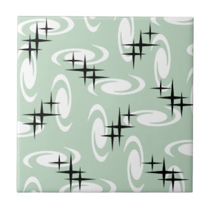 Retro Atomic Age Swirls Stars Mönster Sage Grönt Kakelplatta