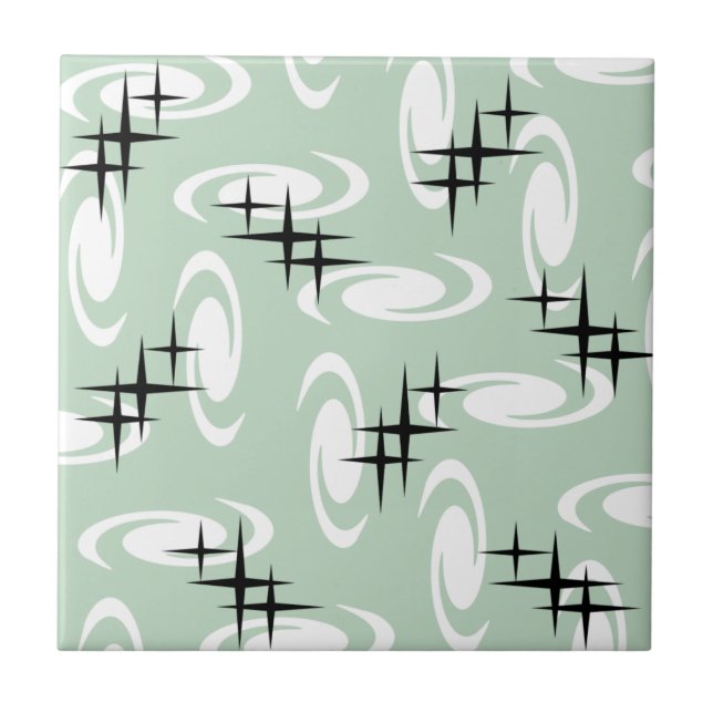 Retro Atomic Age Swirls Stars Mönster Sage Grönt Kakelplatta (Framsidan)