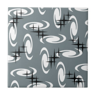 Retro Atomic Age Swirls Stars Mönster Slate Grått Kakelplatta