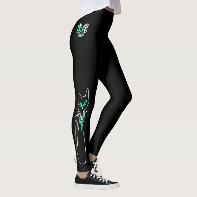Retro Atomic Black Cat Mint Grönt White Leggings (Höger)