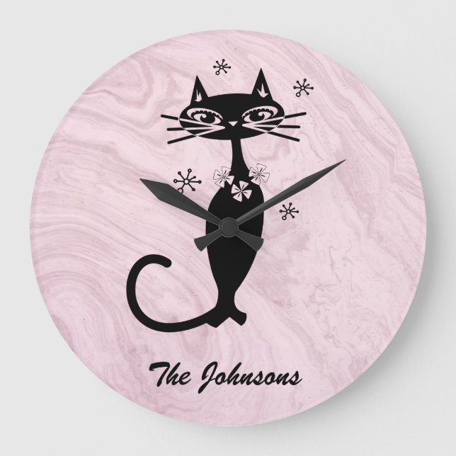 Retro Atomic Black Cat Personalized Kitchen Clock Stor Klocka (Framsida)