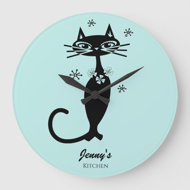 Retro Atomic Black Cat Personlig Kitchen Clock Stor Klocka (Framsida)