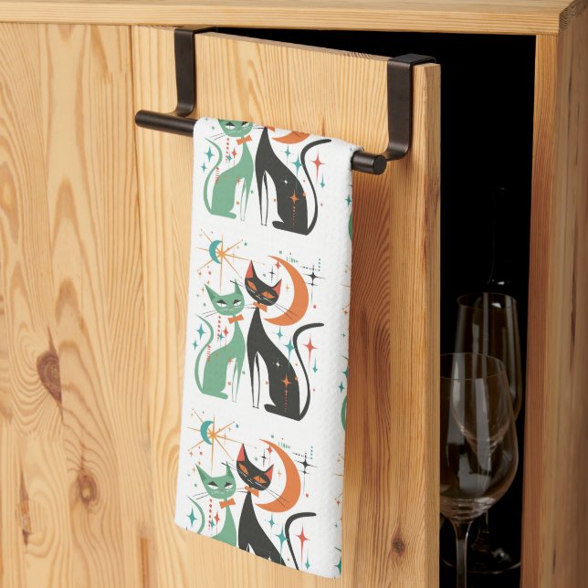 Retro Atomic Cats Black Turcos Kökshandduk (Thirds Fold)