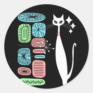 Retro Atomic ERA Mid Century Modern White Cat Runt Klistermärke