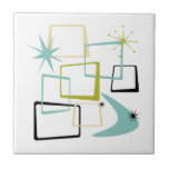 Retro Atomic Era Stars Boomerang Mid Century Kakelplatta<br><div class="desc">Lägg till stänk i roligt och färg i ditt kök eller badrum med den här fantastiska atomeran i mitten av århundradet,  moderna keramiska plattor. Den här designen har abstrakt-fyrkanter,  stjärnsprängningar och en bomerang i färg av avocado grönt,  akvafblått,  gult och svart... så funky!</div>
