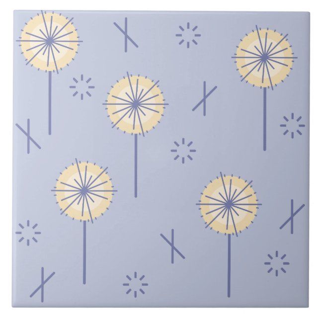Retro Atomic Flowers Blue-Gult Kakelplatta (Framsidan)