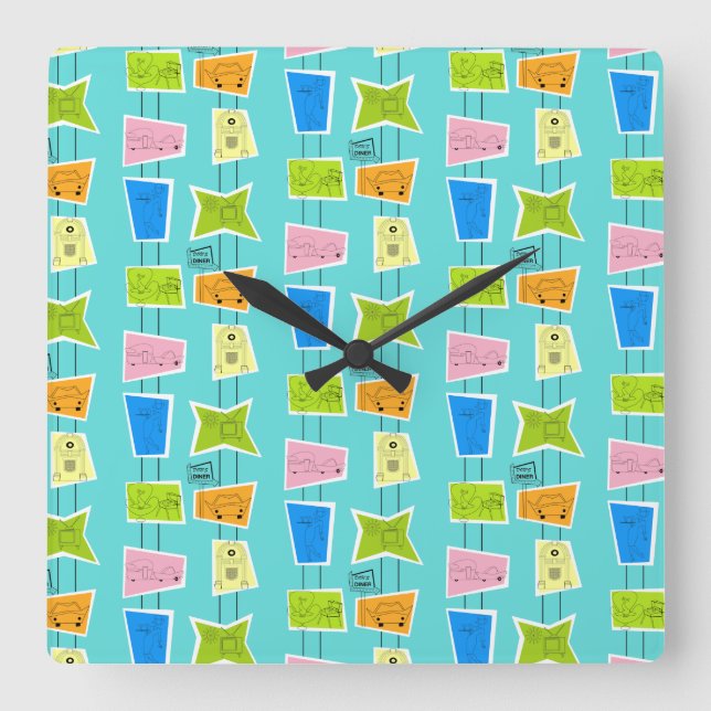Retro Atomic Kitsch Square Acrylic Wall Clock Fyrkantig Klocka (Framsida)