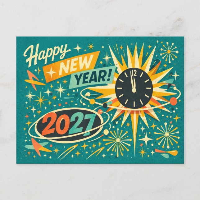 Retro Atomic Mid Century Happy New Year 2027 Helg Vykort (Framsida)