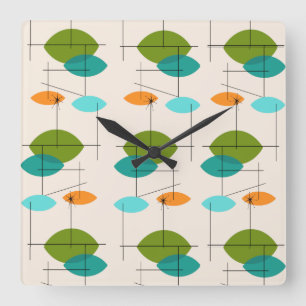 Retro Atomic Mobile Mönster Square Wall Clock Fyrkantig Klocka