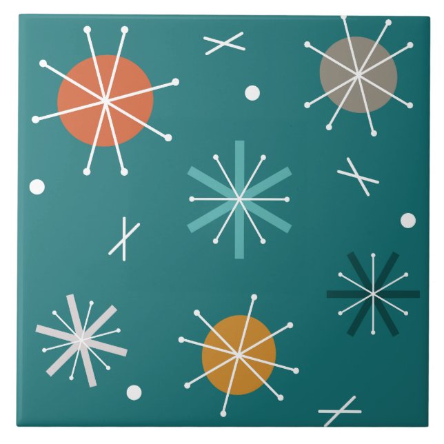Retro Atomic Planets Starbursts Teal Kakelplatta (Framsidan)