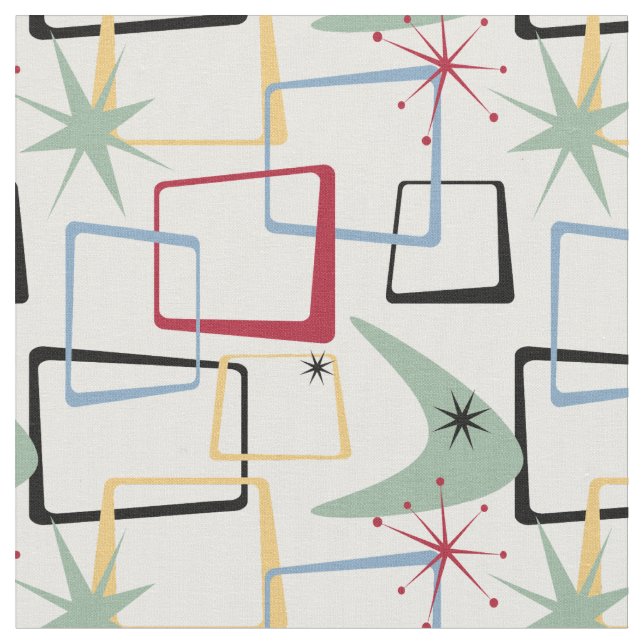 Retro Atomic Squares Stars & Boomerang Mid Century Tyg (Närbild)