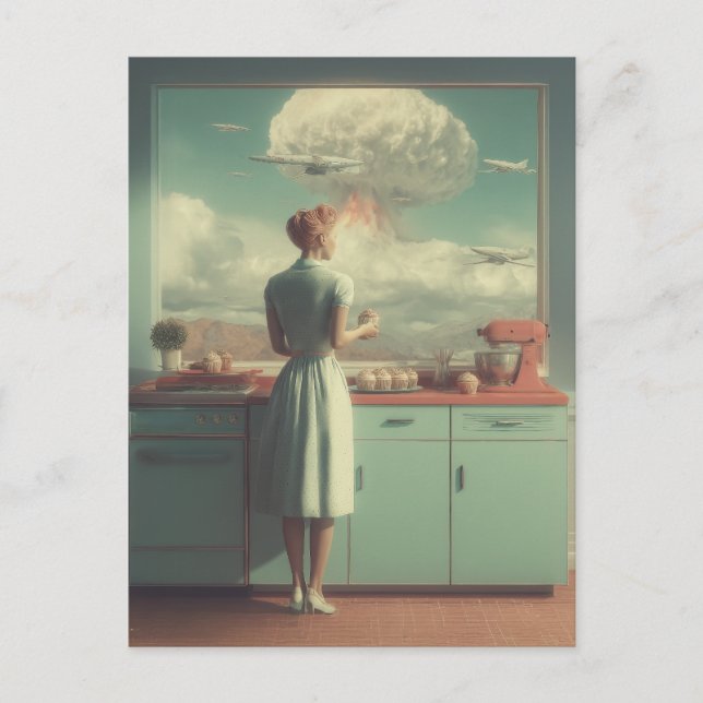 Retro Atomisk Köks Surrealistisk Konst Helg Vykort (Framsida)