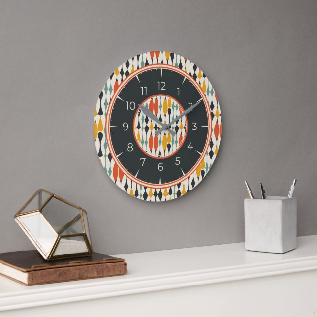 Retro Atomisk Mid Century Turkos Guld Orange Svart Stor Klocka (Kontor)