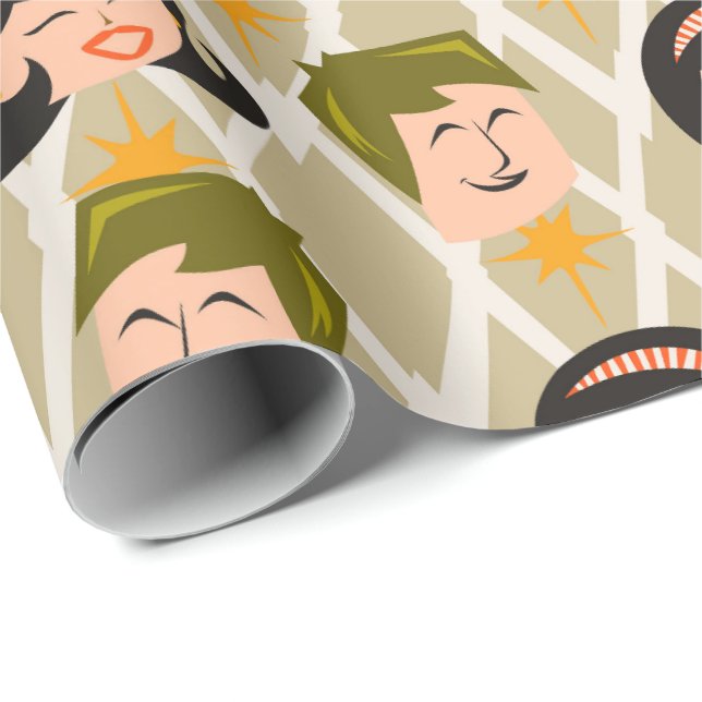 Retro Atomiska 50-tals Glada Huvuden Mönster Presentpapper (Rullad Hörn)