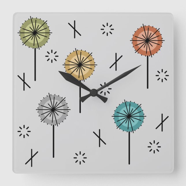 Retro Atomiska Blommor Flerfärgade Fyrkantig Klocka (Framsida)