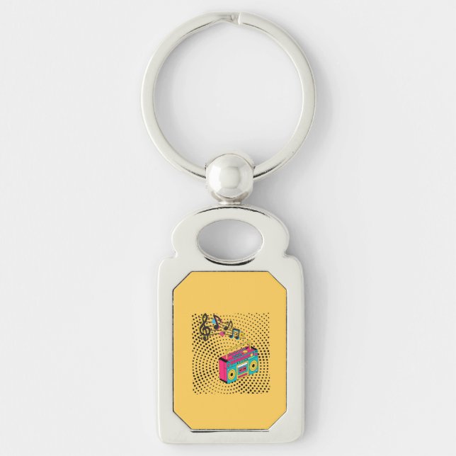 Retro-audions boombox. rektangulärt silverfärgad nyckelring (Framsidan)