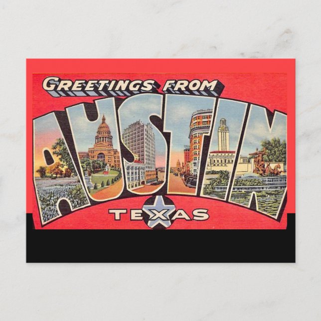 Retro Austin Texas Svart Linje vykort (Framsida)