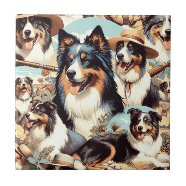 Retro Australian shepherd Sömlös målning Kakelplatta (Framsidan)