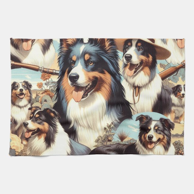 Retro Australian shepherd Sömlös målning Kökshandduk (Horisontell)