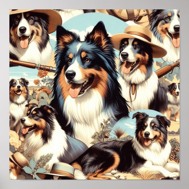 Retro Australian shepherd Sömlös målning Poster (Framsidan)