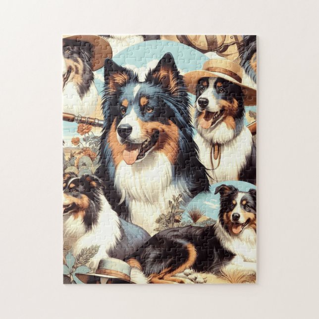 Retro Australian shepherd Sömlös målning Pussel (Vertikal)