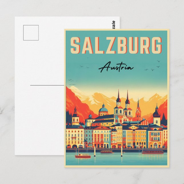 Retro Austria Capital Salzburg skyline Vykort (Fram/baksida)