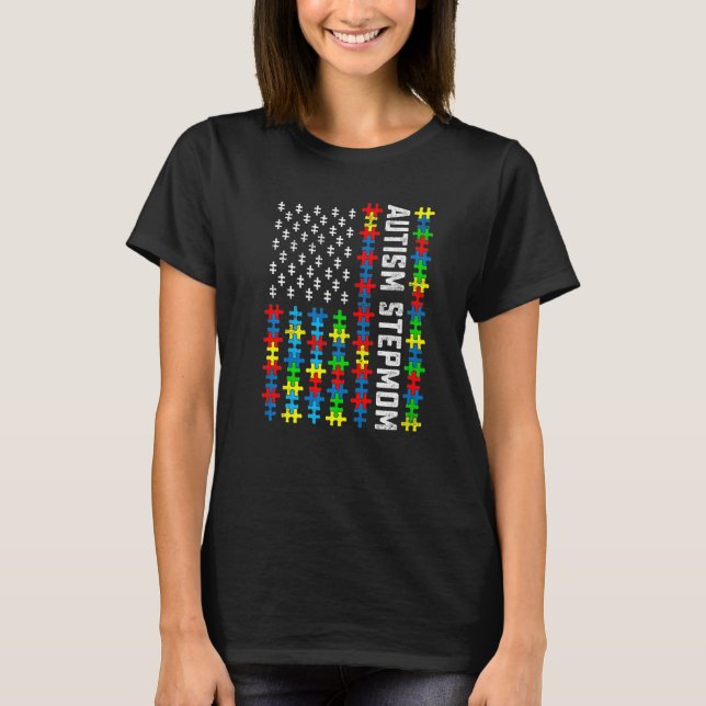 Retro Autism Awareness USA Flag Styvmoder Support  T Shirt (Framsida)