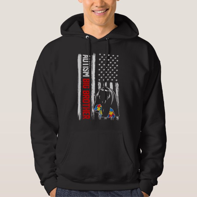 Retro Autism Big Brother Bear American Flagga Awar Hoodie (Framsida)