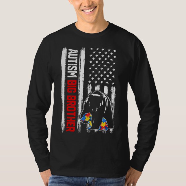 Retro Autism Big Brother Bear American Flagga Awar T Shirt (Framsida)