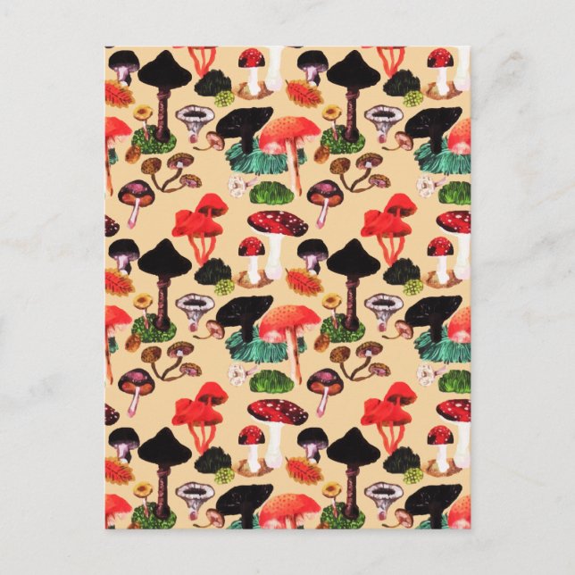 Retro Autumn Woodland Mushroom Watercolor Helg Vykort (Framsida)