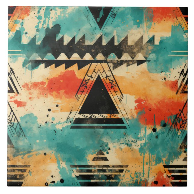 Retro Azteker-mönster geometrisk abstrakt orange Kakelplatta (Framsidan)