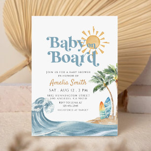 Retro Baby på Surfboard Beach babydusch Inbjudningar