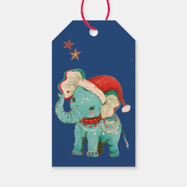 RETRO BABYELEFANT MED SANTAHATTA PRESENTTAGG PRESENTETIKETT (Framsidan)