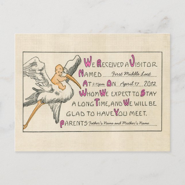 Retro Babyflicka & Storkföräldrar Födelsekungörels Meddelande Vykort (Framsida)