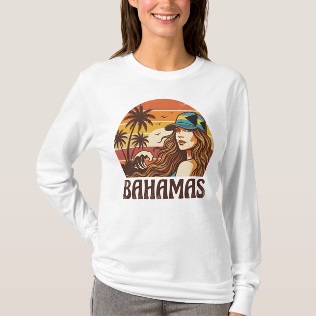 Retro Bahamas Beach Women Summer Vacation Sunset  T Shirt (Framsida)