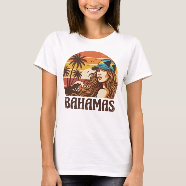 Retro Bahamas Beach Women Summer Vacation Sunset  T Shirt (Framsida)