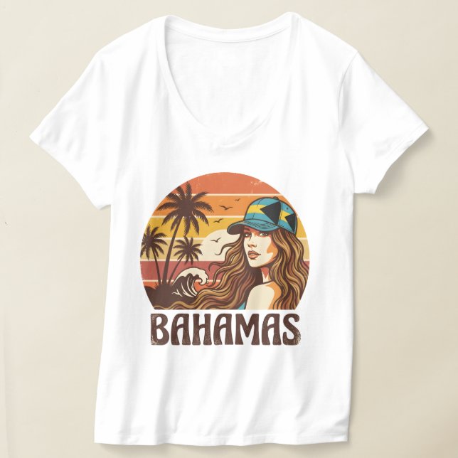 Retro Bahamas Beach Women Summer Vacation Sunset  T Shirt (Laydown)