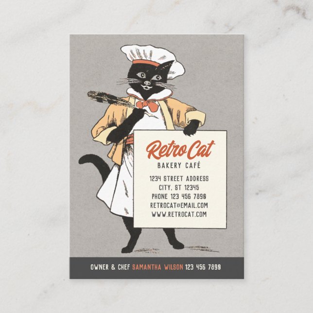 Retro Bakery Cafe Restaurant Cat Chef CC1221 Visitkort (Framsida)
