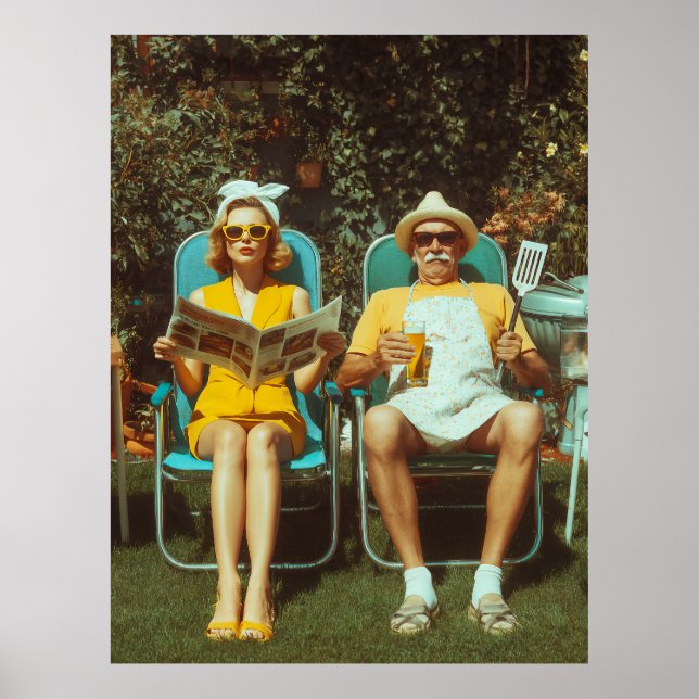 Retro Bakgårds BBQ-scen med Stylish Par Poster (Framsidan)