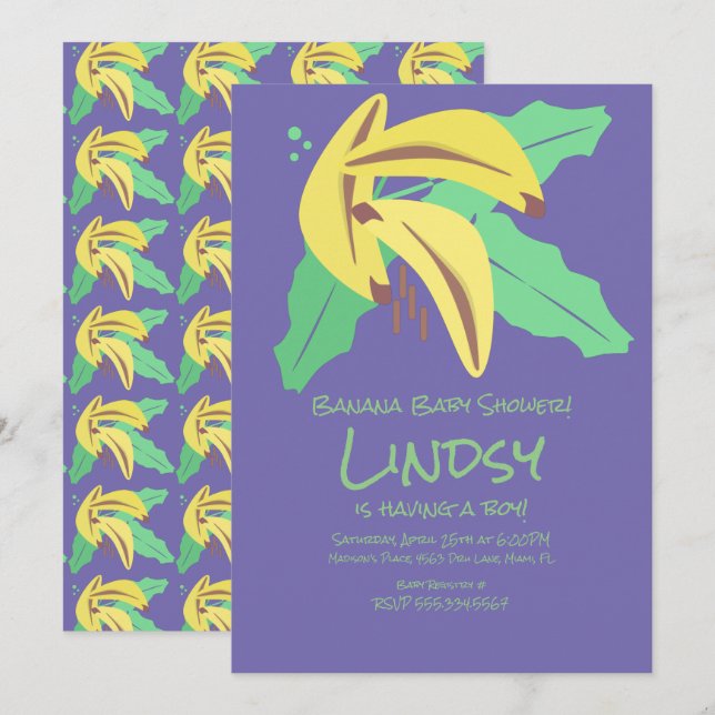 Retro banan lila baby shower inbjudan (Fram/baksida)