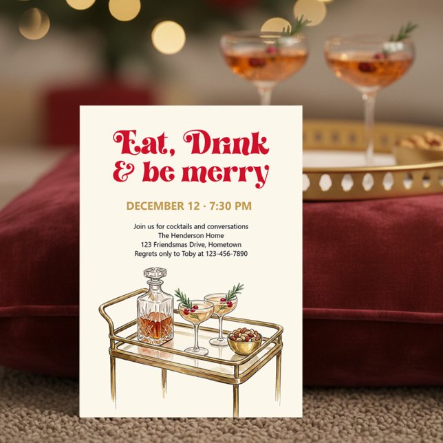 Retro Bar Cart Ät Drick Var Glad Julfest Inbjudningar (Eat Drink & Be Merry Holiday Party Invitation by Darling & May - printed or digital download)