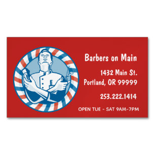 Retro Barber Badge on Red Magnetiska Visitkort
