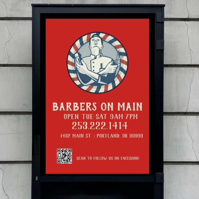 Retro Barber Badge & QR-kod Poster (Check out our entire collection of barber art for business!)